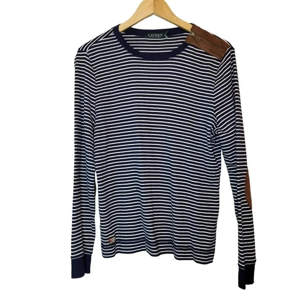 Lauren Ralph Lauren Women's Tees Long Sleeves XL Blue Cotton Striped Equestrian - Picture 1 of 10